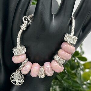 Pandora Style Pink Charm Rhinestone Bracelet with Clear Family/Tree Charm, NWOT